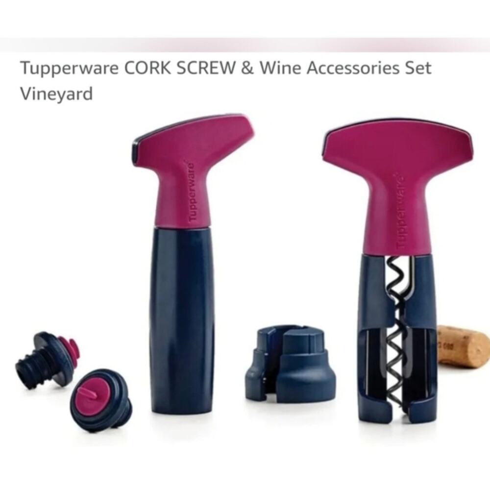 Tupperware Corkscrew & Wine Accessories Set Black and Pink NIB